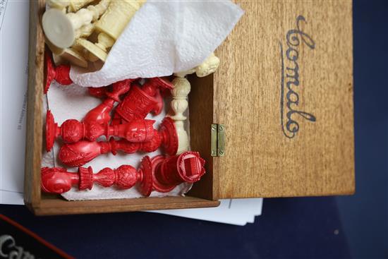 A mid 19th century Macao red stained and natural ivory figural chess set, kings 3.5in.